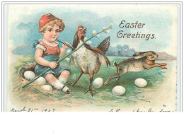 Carte Gaufrée - Easter Greetings - Enfant Avec Un Lièvre Et Une Poule - Ostern