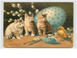 Carte Gaufrée - Easter Greetings - Chats Avec Un Oeuf Décoré D'étoiles - Katzen