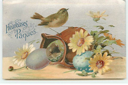 Pâques - Heureuses Pâques - Oiseaux, L'un Sur Un Vase Renversé Entouré De Fleurs, Un Autre Dans Un Oeuf - Ostern