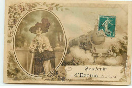 Souvenir D'ECOUIS - Femme Avec Un Panier Rempli De Fleurs Dans Un Médaillon Et Un Train - Sonstige & Ohne Zuordnung