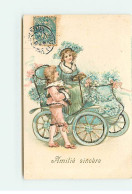 Carte Gaufrée Avec Paillettes - Fantaisie - Amitié Sincère - Couple D'enfant, La Jeune Fille Dans Une Voiture Fleurie - Otros & Sin Clasificación