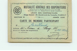 PARIS III - 29 Bd Temple - Carte De Membre Participant - Mutualité Générale Des Coopérateurs - Distrito: 03