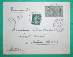 N°130 X2 + 137 SEMEUSE RECOMMANDE STE PEREUSE NIEVRE POUR CHATEAU CHINON 1907 LETTRE COVER FRANCE - 1903-60 Semeuse Lignée