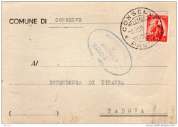 1950 CARTOLINA CON ANNULLO CONSELVE PADOVA - 1946-60: Marcophilie