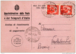 RICEVUTA DI RITORNO CON ANNULLO VEROLAVECCHIA BRESCIA - 1946-60: Poststempel