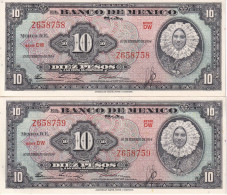 PAREJA CORRELATIVA DE MEXICO DE 10 PESOS DEL AÑO 1954 EN CALIDAD EBC (XF) (BANKNOTE) - Messico