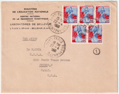 FRANCE - 1960 5xYv.1234 25c Marianne à La Nef Sur LSC Par AVION De PARIS à FRESNO, Californie, USA - Lettres & Documents