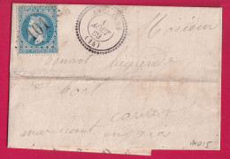 N°29 GC 101 ANGLARDS CANTAL POUR BORT CORREZE 1869 CAD TYPE 22 INDICE 15 LETTRE - 1849-1876: Période Classique