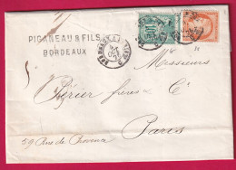 N°38 68 MIXTE SAGE CERES AMBULANT BORDEAUX A PARIS DE BORDEAUX POUR PARIS 1876 LETTRE - 1877-1920: Semi Modern Period