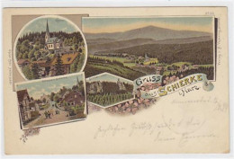 39008721 - Lithographie Gruss Aus Schierke Mit Strasse, Kirche, Schnarcher Und Panorama Gelaufen Von 1899. Leichter Ste - Schierke