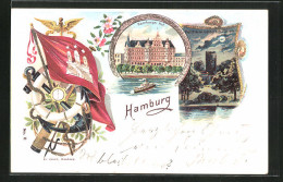 Lithographie Hamburg-Neustadt, Hotel Hamburger Hof Mit Dampfer, Partie Im Zoologischen Garten, Wappen  - Mitte