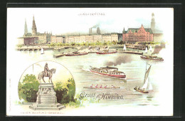 Lithographie Hamburg-Neustadt, Jungfernstieg Mit Dampfer, Kaiser Wilhelm-Denkmal  - Mitte