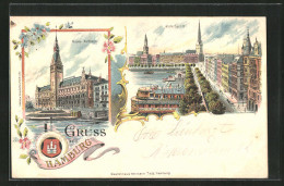 Lithographie Hamburg-Neustadt, Alsterdamm Mit Alster, Neues Rathaus, Wappen  - Mitte