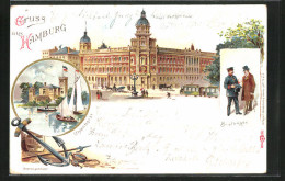 Lithographie Hamburg-Neustadt, Haupt-Postgebäude, Briefträger, Uhlenhorst  - Mitte