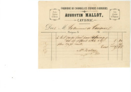 Facture De Chandelles Cierges Bougies AUGUSTIN MALLOT à CAVIGNAC  33 GIRONDE - 1800 – 1899