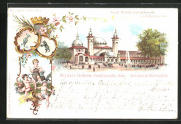 Lithographie Berlin, Gewerbe-Ausstellung 1896, Haupt-Ausstellungsgebäude, Engel Und Wappen  - Expositions