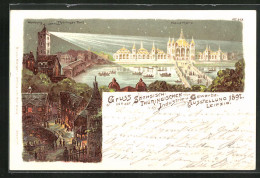 Lithographie Leipzig, Sächs.-Thür. Industrie- Und Gewerbe-Ausstellung 1897, Turm Der Wartburg Beleuchtet Die Hauptha  - Exhibitions