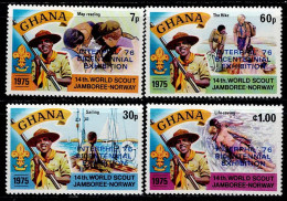 GHA-04- GHANA- 1976 - MNH - SC#: 578-581 - SCOUTS- INTERPHIL'76 OVPTD- 14TH WORLD SCOUT JAMBOREE - Ghana (1957-...)