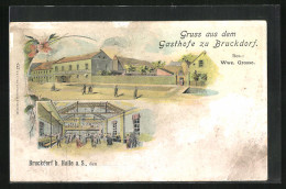 Lithographie Halle-Bruckdorf / Saale, Gasthof Von Wwe. Grosse, Aussen - Und Innenansicht  - Other & Unclassified