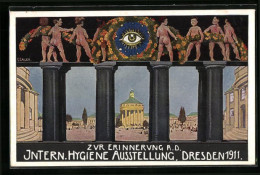 Künstler-AK Dresden, Internationale Hygiene Austellung 1911, Blick Durch Pfosten Auf Den Hof  - Tentoonstellingen