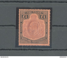 1908 Nyasaland Protectorate - Stanley Gibbons N. 81 - £ 1 Purple And Black - Paper Red - MH* - Sonstige & Ohne Zuordnung