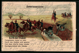 Künstler-AK Soldaten Ziehen Mit Ihren Pferden Ein Artilleriegeschütz Durch Einen Graben  - Guerra 1914-18
