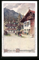 Lithographie Oberammergau, Strassenzug Mit Berglandschaft  - Oberammergau