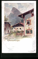 Lithographie Oberammergau, Partie Im Ort Mit Blick Zum Gipfelkreuz  - Oberammergau