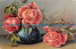 R123603 Old Postcard. Pink Roses In Vases - World