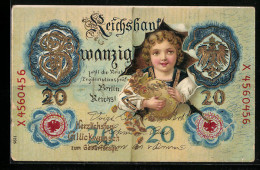 AK Reichsbank Zwanzig Mark, Hübsches Mädchen Mit Geldsack  - Monete (rappresentazioni)