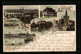 Lithographie Konstanz / Bodensee, Landungssteg, Münster, Schloss Mainau  - Konstanz