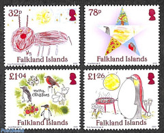 Falkland Islands 2020 Christmas 4v, Mint NH, Nature - Religion - Penguins - Christmas - Art - Children Drawings - Noël