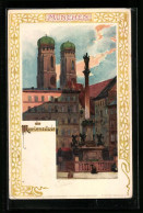 Lithographie München, Frauenkirche Und Mariensäule  - Muenchen