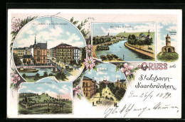 Lithographie St. Johann-Saarbrücken, Ortspartie Mit Der Neuen Brücke, Winterberg-Denkmal, Partie An Der Saar  - Saarbrücken