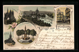 Lithographie Limburg / Lahn, Dom, Kriegerdenkmal, Ev. Kirche, Kornmarkt Und Ortsansicht Aus Der Vogelschau  - Limburg