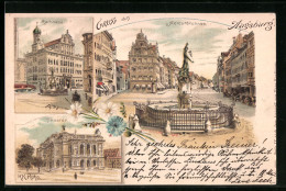 Lithographie Augsburg, Mercurbrunnen, Theater Und Rathaus  - Teatro