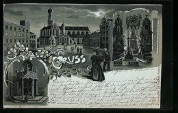 Mondschein-Lithographie Augsburg, Ortspartie Mit St. Ulrichkirche, Innenansicht  - Augsburg