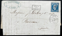 N° 22 20c BLEU NAPOLEON SUR LETTRE / PARIS BS2 3 SEPT 1863 POUR BORDEAUX / LAC / APRES LE DEPART - 1849-1876: Periodo Clásico