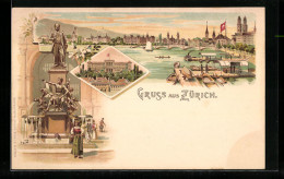 Lithographie Zürich, Panorama Mit Brücke, Denkmal  - Autres & Non Classés