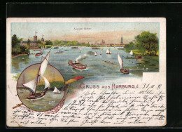 Lithographie Hamburg, Aussen Alster Mit Stadtpanorama, Segeltörn  - Nord