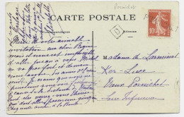 FRANCE SEMEUSE 10C GRIFFE PORNICHET EN ARRIVEE SUR CARTE DE NANTES 1911 + BOITE URBAINE D RARE - 1877-1920: Semi Modern Period