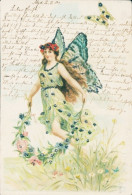 Glitzer Lithographie Frau Mit Schmetterlingsflügeln, Wiese, Blumen - Autres & Non Classés