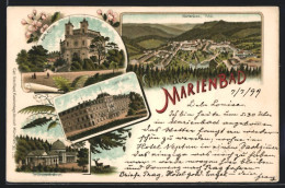 Lithographie Marienbad, Ortsansicht, Katholische Kirche, Centralbad, Ferdinandsbrunnen  - Tchéquie