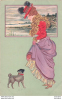 ILLUSTRATEUR STYLE ART NOUVEAU FEMME BOURGEOISE ET CHIEN BULLDOG - 1900-1949