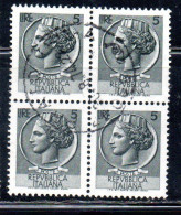 ITALIA REPUBBLICA ITALY REPUBLIC 1968 - 1976 SIRACUSANA TURRITA STELLE STARS LIRE 5 QUARTINA USATO BLOCK USED OBLITERE' - 1961-70: Used