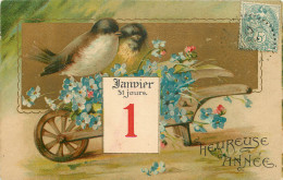    BROUETTE DE FLEURS - OISEAUX - 1 JANVIER - 31 JOURS - HEUREUSE ANNEE - Andere & Zonder Classificatie