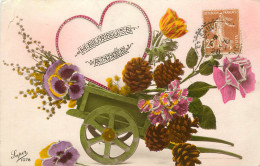   FLEURS -  BROUETTE - PENSEE - OEILLETS - POMME DE PIN - HEUREUSE ANNEE - Autres & Non Classés