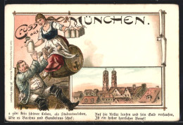 Lithographie München, Frauenkirche, Dame Reicht Mann Biere  - Sonstige & Ohne Zuordnung