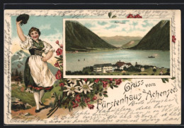 Lithographie Pertisau, Hotel Fürstenhaus A. Achensee, Dame Im Dirndl Hebt Hut  - Autres & Non Classés