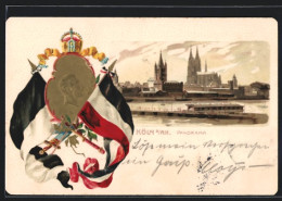 Passepartout-Lithographie Köln, Panorama Mit Dom, Kaiser Wilhelm II., Reichsfahne  - Autres & Non Classés